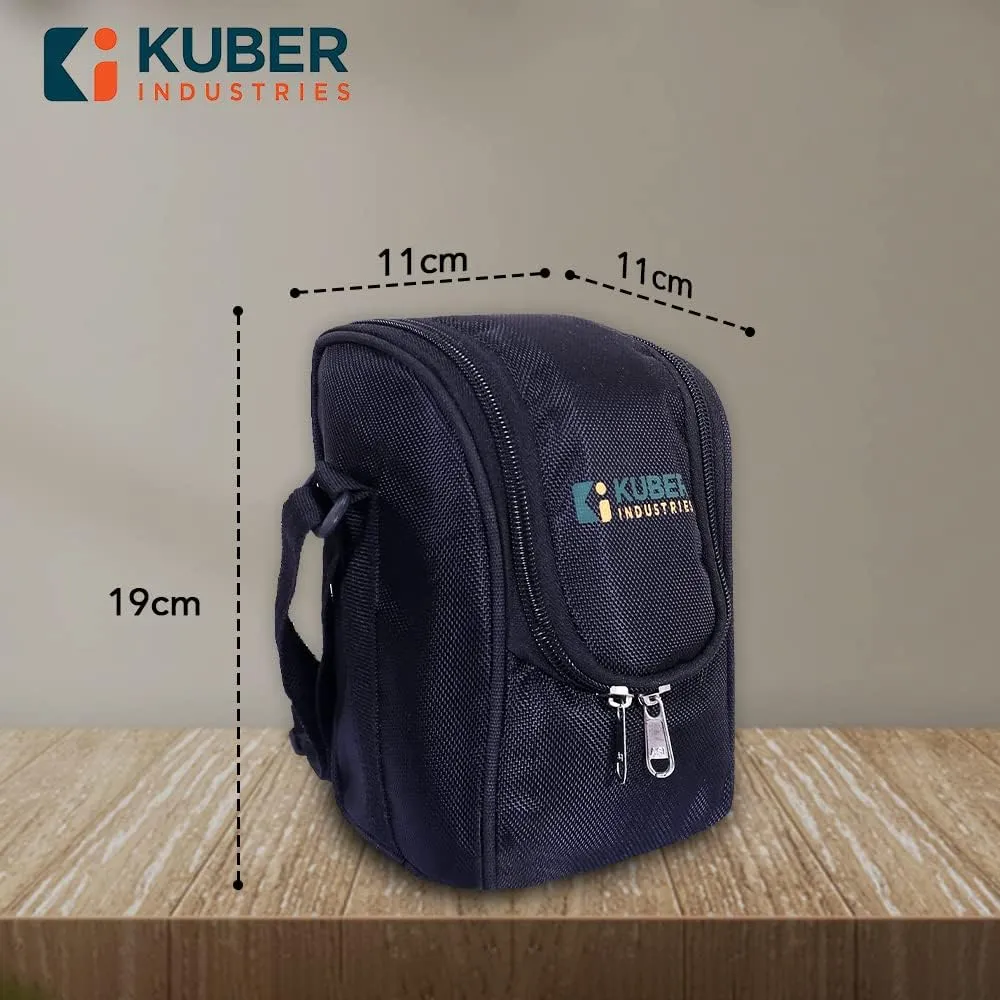 Kuber Industries Lunch Box|Canvas Leak Proof 3 Stainless Steel Insulated Containers Lunch Bag|Adjustable Straps Tiffin Box with Zipper Closure (Black) (Pack of 6)