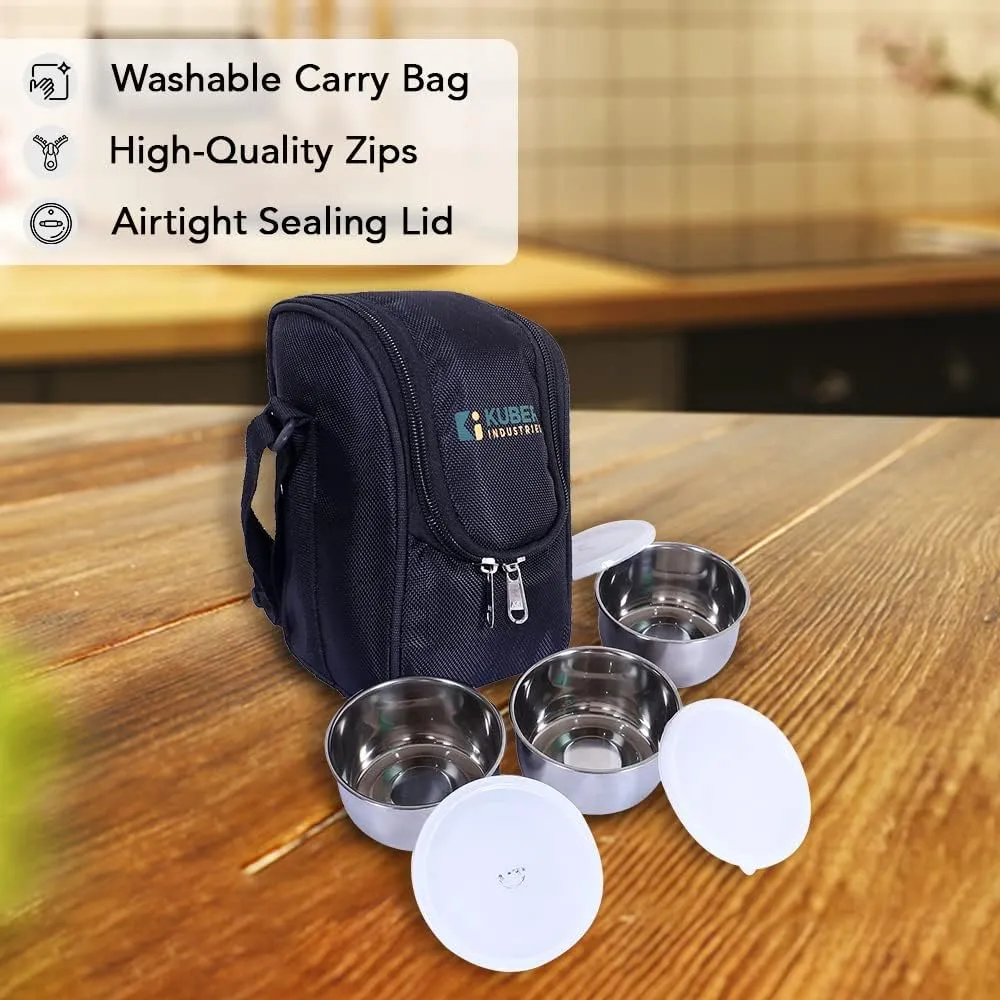 Kuber Industries Lunch Box|Canvas Leak Proof 3 Stainless Steel Insulated Containers Lunch Bag|Adjustable Straps Tiffin Box with Zipper Closure (Black) (Pack of 6)