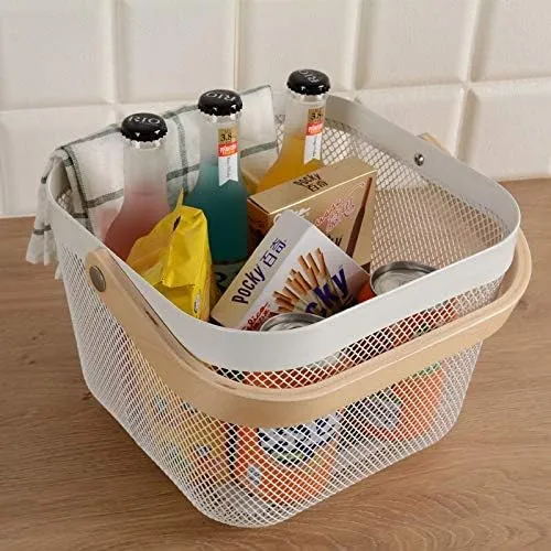 Kuber Industries Metal Wire Basket With Handle|Storage Basket Fot Fruits, Books|Mesh Open Storage Bin|Storage Organizer|Pack Of 6|White