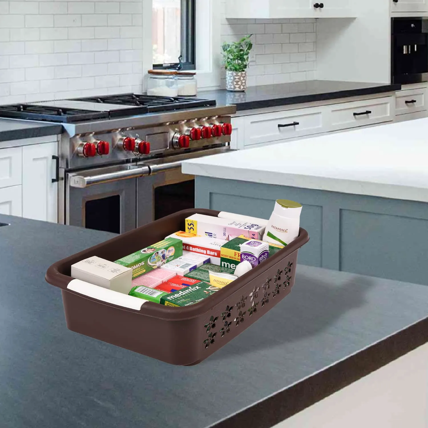 Kuber Industries Multipurpose Rectangle Shape Plastic Storage Basket for Kitchen, Fruit Basket, Office Table, Storage Organizer Small, Medium, Large Pack of 3 (Brown)