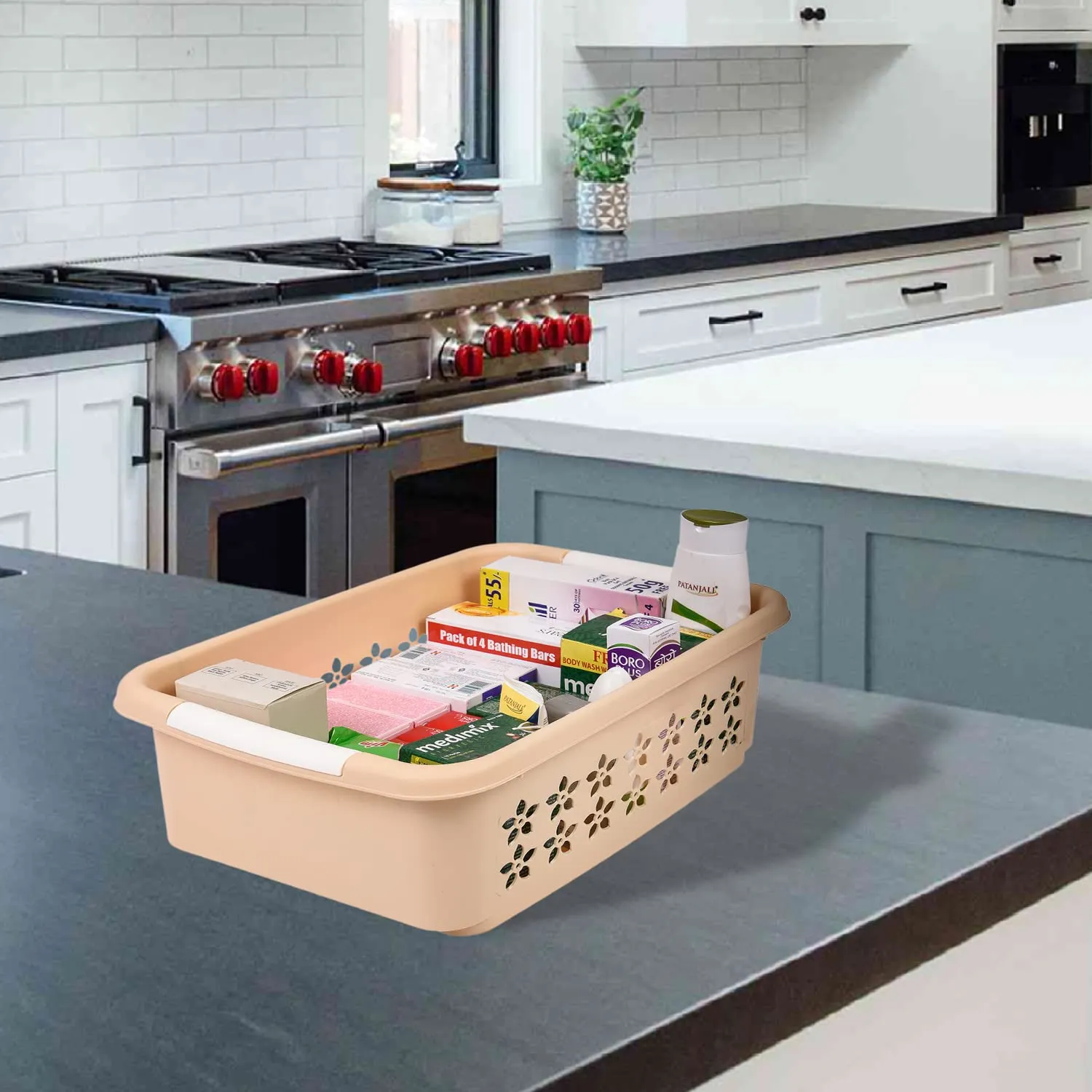 Kuber Industries Multipurpose Rectangle Shape Plastic Storage Basket for Kitchen, Fruit Basket, Office Table, Storage Organizer Small Pack of 3 (Beige)