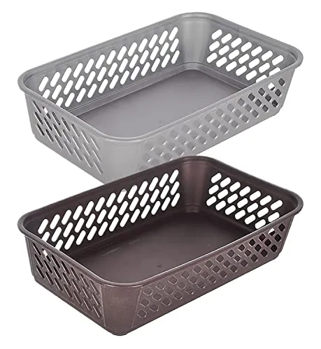 Kuber Industries Multiuses Super Tidy Plastic Tray/Basket/Organizer- Pack of 2 (Grey & Brown) -46KM0581