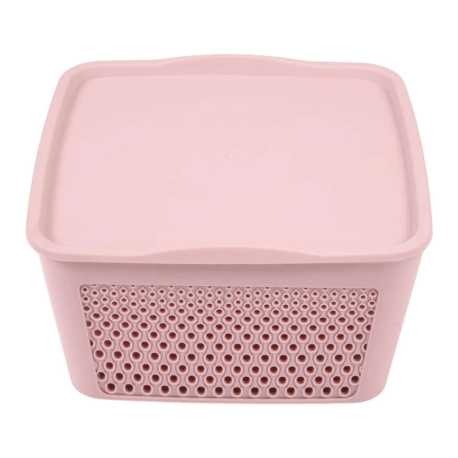 Kuber Industries Netted Design Unbreakable Multipurpose Square Shape Plastic Storage Baskets with lid Large Pack of 2 (Peach)