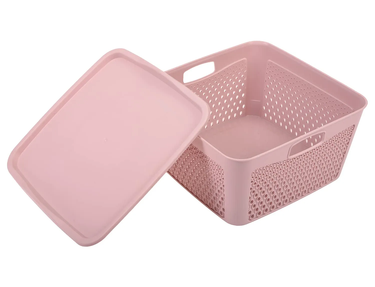 Kuber Industries Netted Design Unbreakable Multipurpose Square Shape Plastic Storage Baskets with lid Large Pack of 2 (Peach)