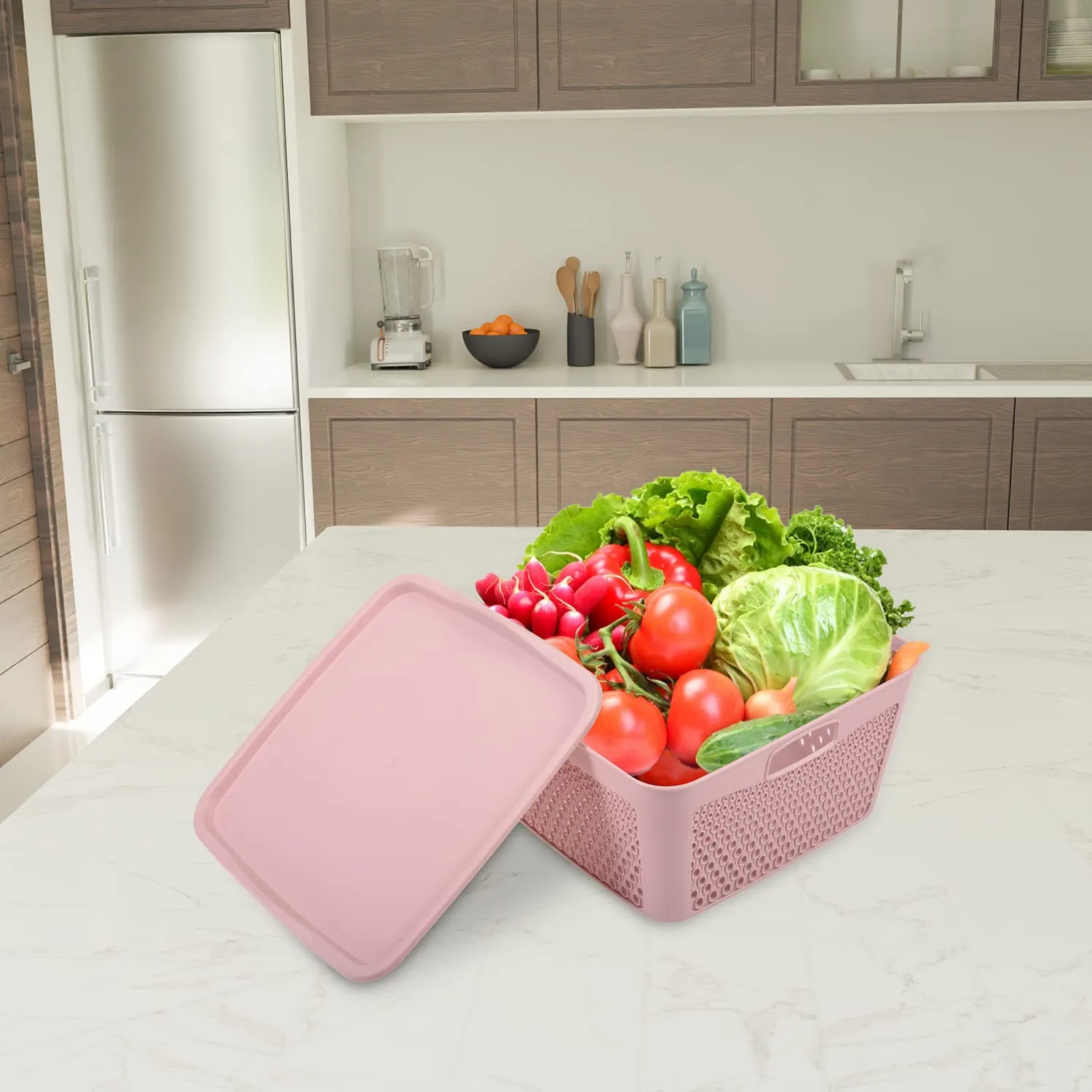 Kuber Industries Netted Design Unbreakable Multipurpose Square Shape Plastic Storage Baskets with lid Large Pack of 2 (Peach)