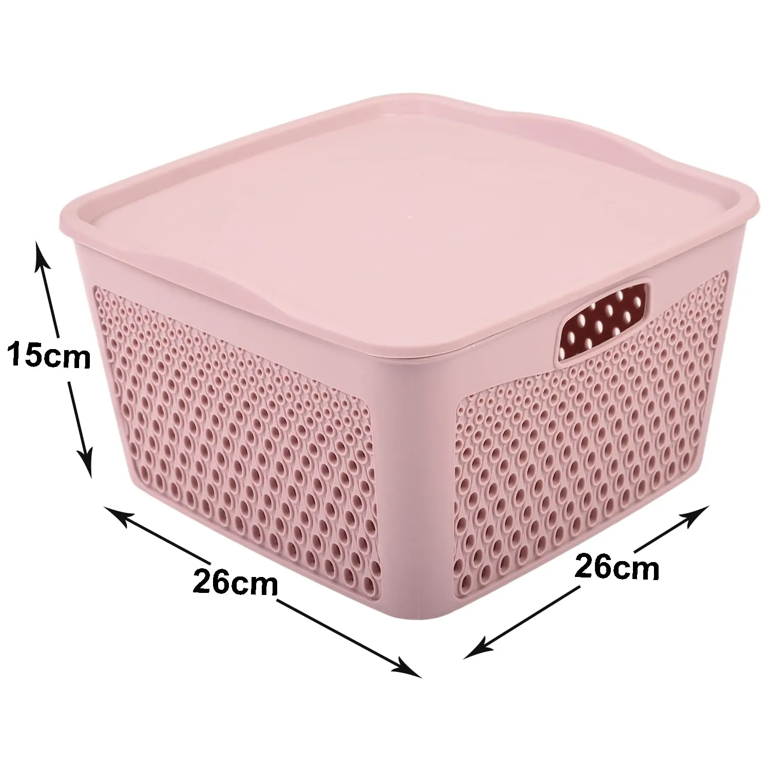 Kuber Industries Netted Design Unbreakable Multipurpose Square Shape Plastic Storage Baskets with lid Large Pack of 2 (Peach)