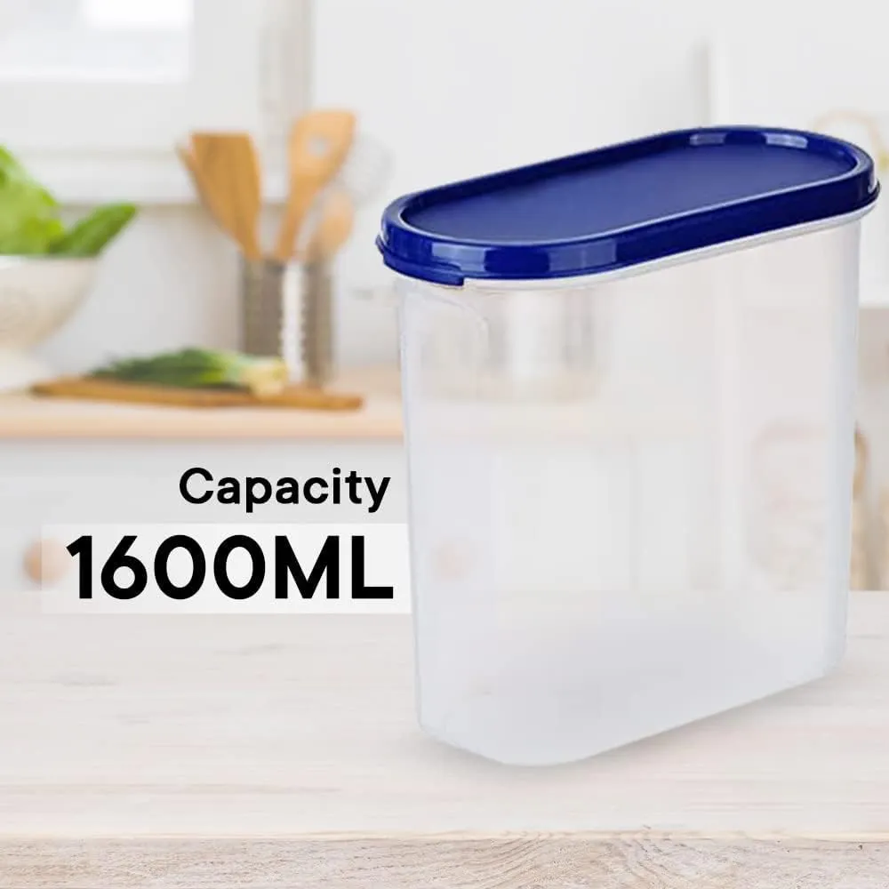 Kuber Industries Plastic Storage Containers With Lid I Set of 4, 1600 ml|Airtight, Stackable, Spill-proof, Travel-friendly|Transparent with Blue Lid|For Dry & Wet Foods, Cereals, Dryfruits (Pack Of 4)