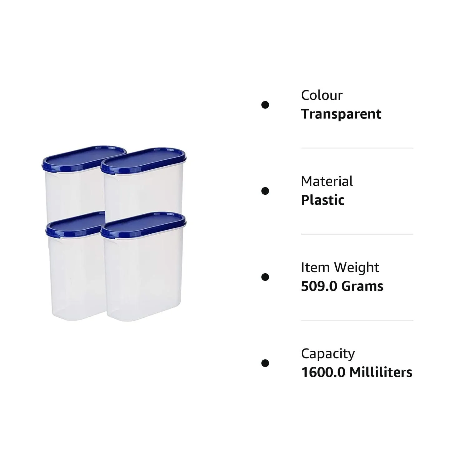 Kuber Industries Plastic Storage Containers With Lid I Set of 4, 1600 ml|Airtight, Stackable, Spill-proof, Travel-friendly|Transparent with Blue Lid|For Dry & Wet Foods, Cereals, Dryfruits (Pack Of 4)