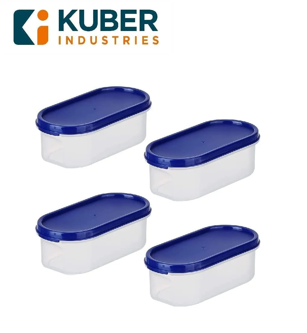 Kuber Industries Plastic Storage Containers With Lid|Set of 4, 500 ml|Airtight, Stackable, Spill-proof, Travel-friendly|Transparent with Blue Lid|For Dry & Wet Food Pickle, Spices,Dryfruits(Pack Of 2)
