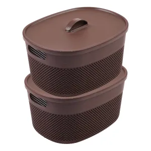 Kuber Industries Unbreakable Large Multipurpose Storage Baskets with lid|Design-Netted|Material-Plastic|Shape-Oval|Color-Brown|Pack of 2
