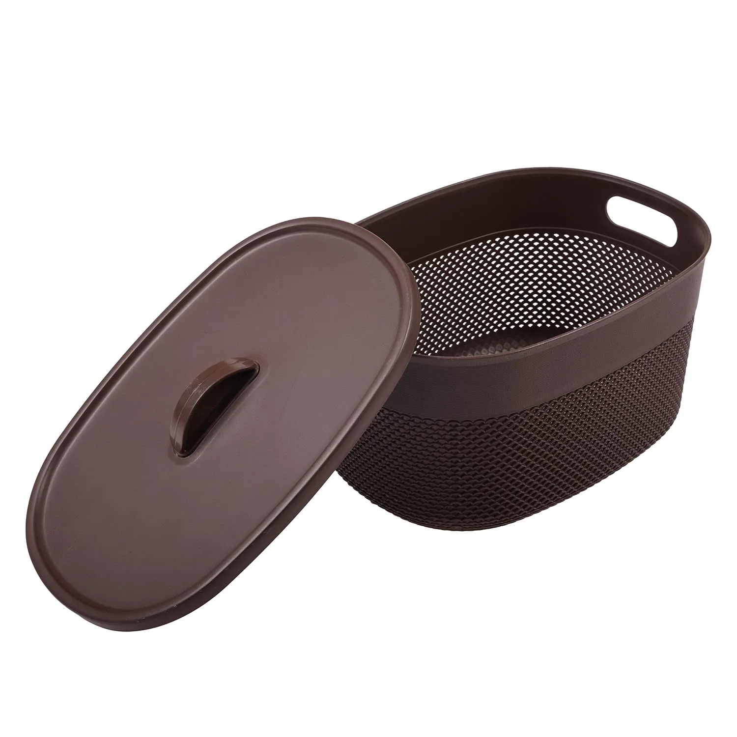 Kuber Industries Unbreakable Large Multipurpose Storage Baskets with lid|Design-Netted|Material-Plastic|Shape-Oval|Color-Brown|Pack of 2