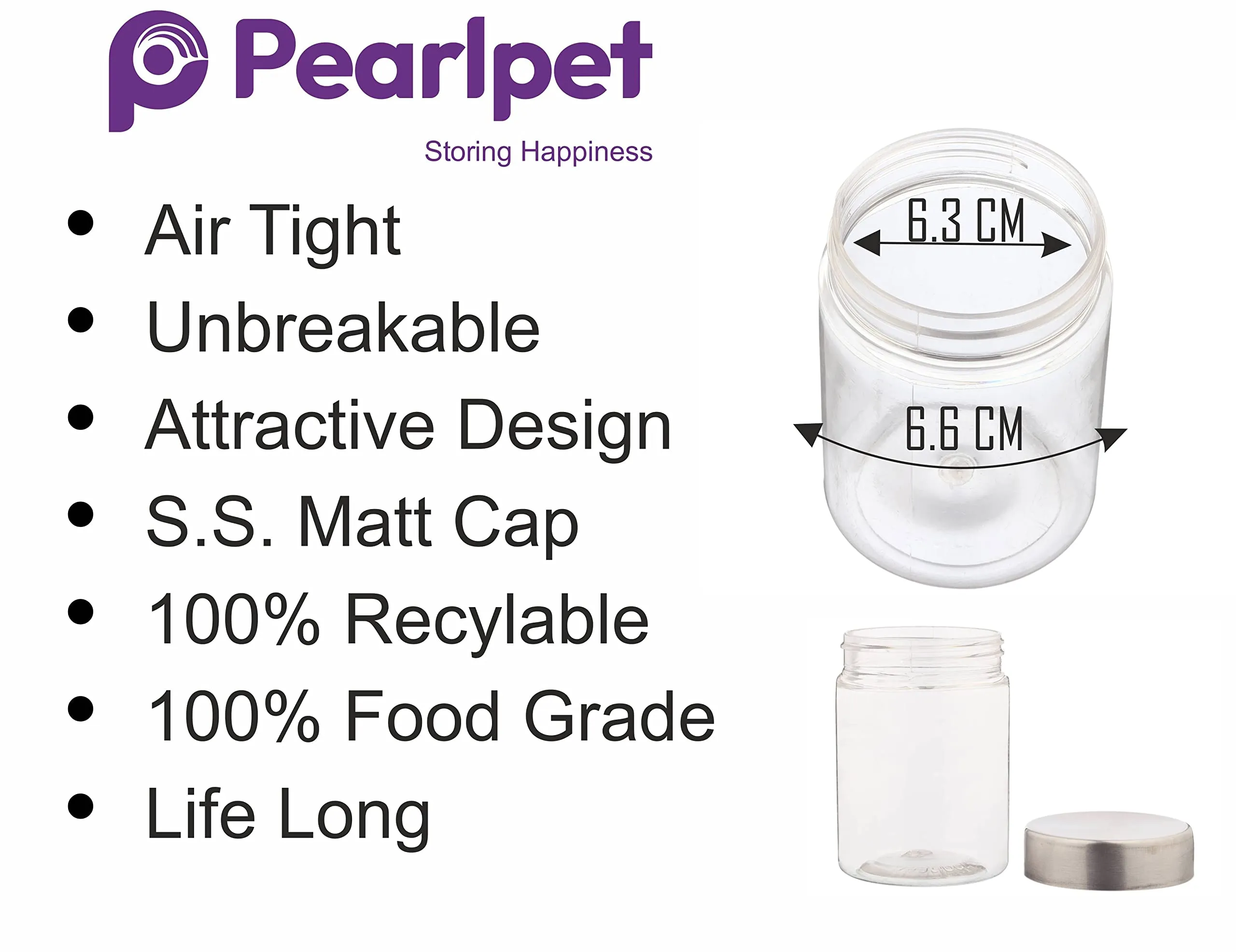 PEARLPET Plus Range Plastic Storage Containers for Kitchen Airtight | Steel Cap Jar Set of 6 Food Grade Boxes for Storing | BPA - Free, Stackable | 300 ml