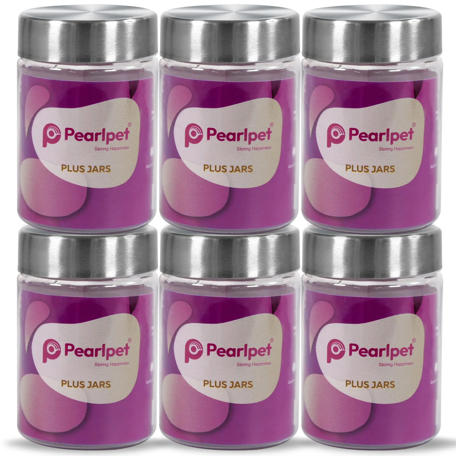 PEARLPET Plus Range Plastic Storage Containers for Kitchen Airtight | Steel Cap Jar Set of 6 Food Grade Boxes for Storing | BPA - Free, Stackable | 300 ml