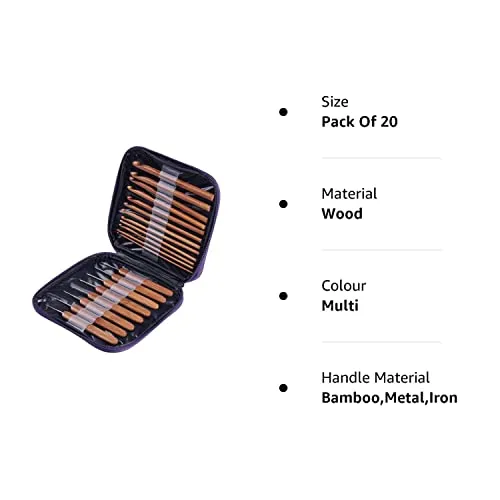 RKPM 20 Pcs Carbonized Bamboo Crochet Hooks, Full Gift Set, Lightweight, Ergonomic, Eco-Friendly, Size C to N, Steel Hook Sizes 1.0-2.75MM