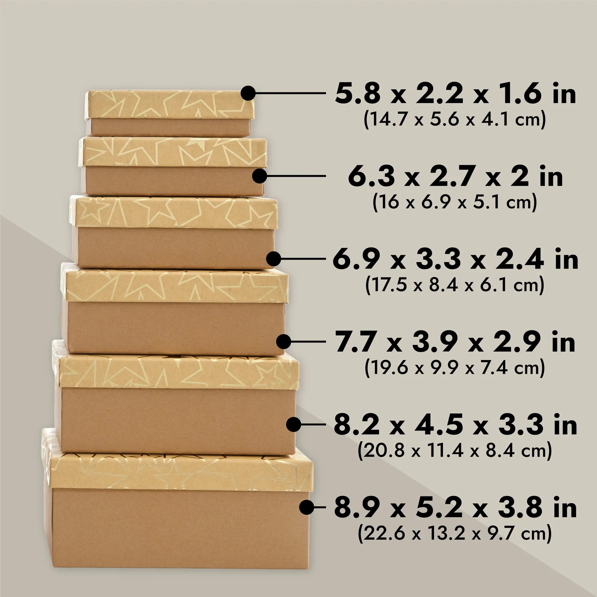 Set of 10 Nesting Gift Boxes with Lids, Cardboard Box with Gold Foil Star Designs (10 Sizes)