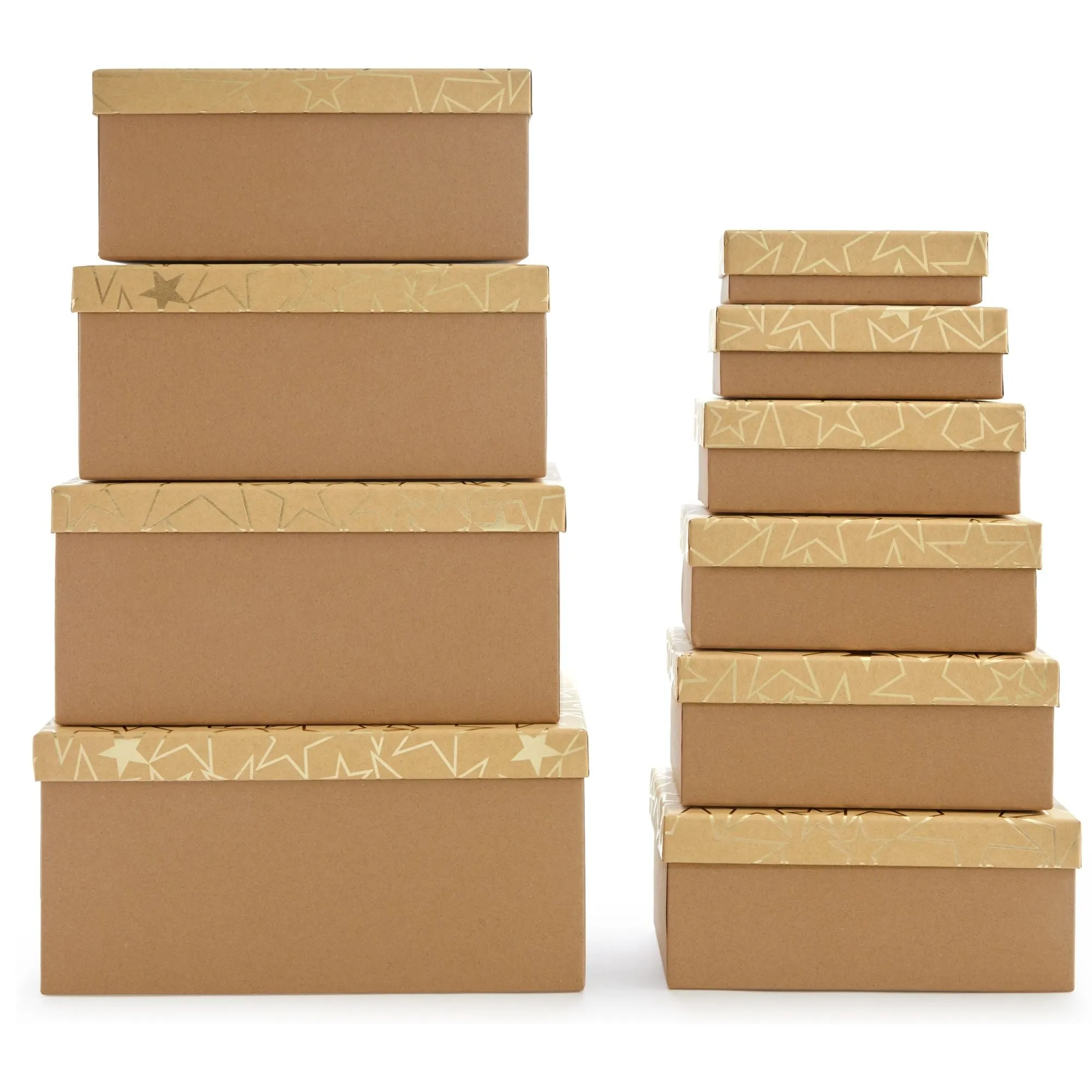 Set of 10 Nesting Gift Boxes with Lids, Cardboard Box with Gold Foil Star Designs (10 Sizes)