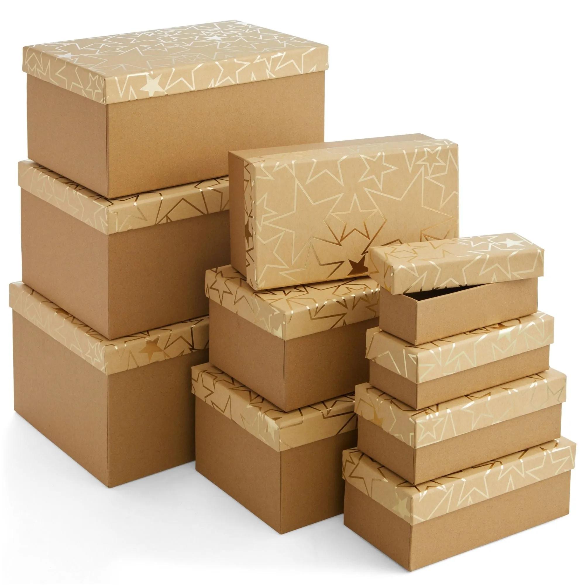 Set of 10 Nesting Gift Boxes with Lids, Cardboard Box with Gold Foil Star Designs (10 Sizes)