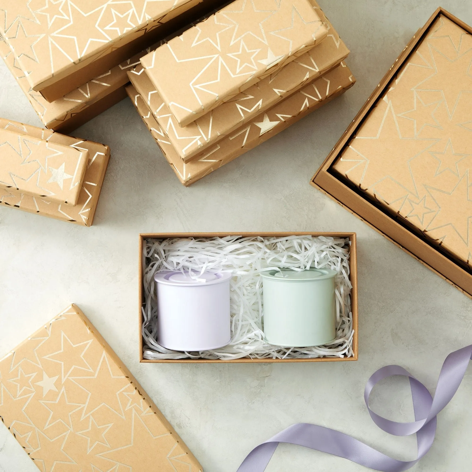 Set of 10 Nesting Gift Boxes with Lids, Cardboard Box with Gold Foil Star Designs (10 Sizes)
