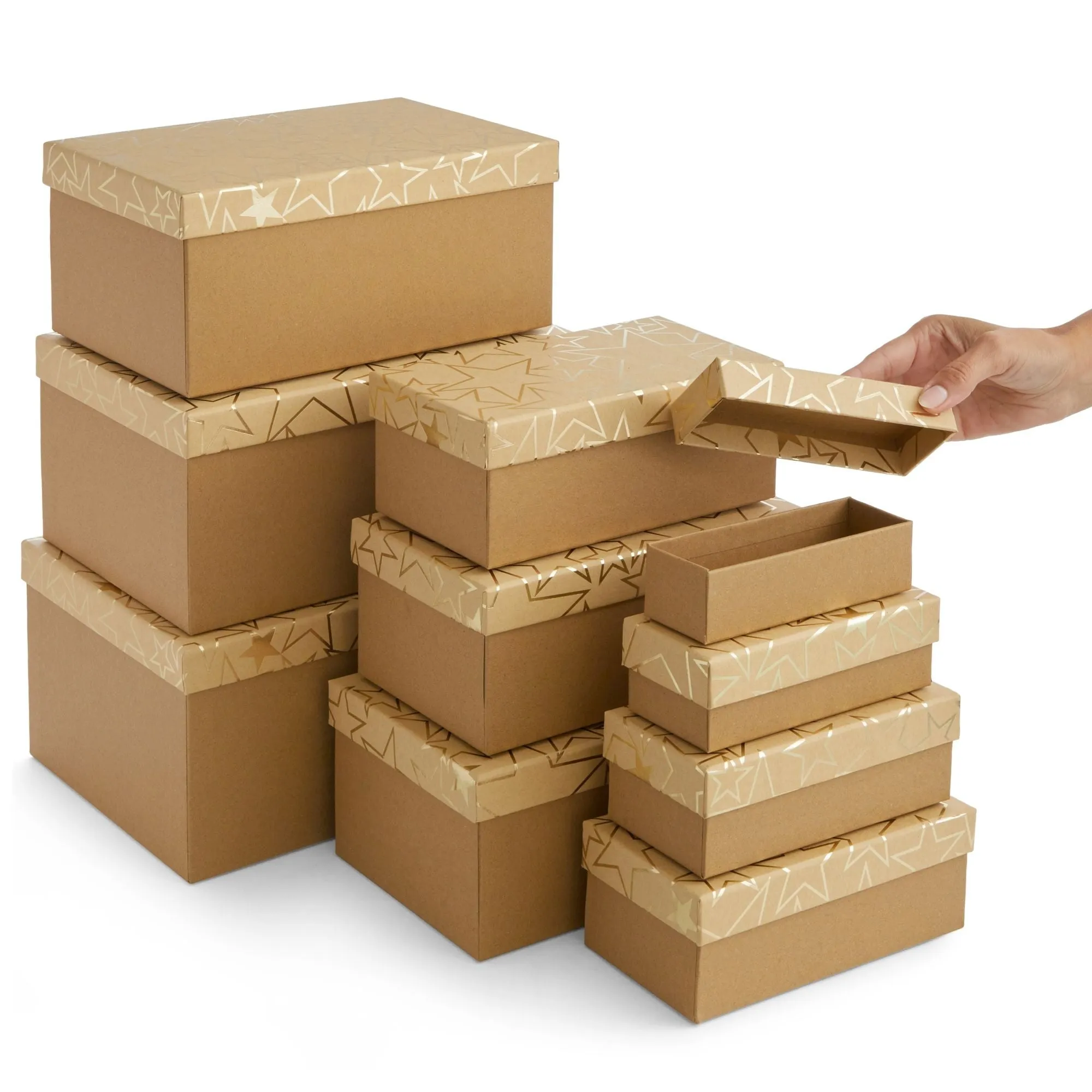 Set of 10 Nesting Gift Boxes with Lids, Cardboard Box with Gold Foil Star Designs (10 Sizes)