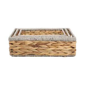 Shallow Water Hyacinth Storage Baskets with Grey Rope Border