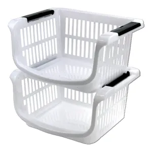 Stackable Basket, White With Grey Handles