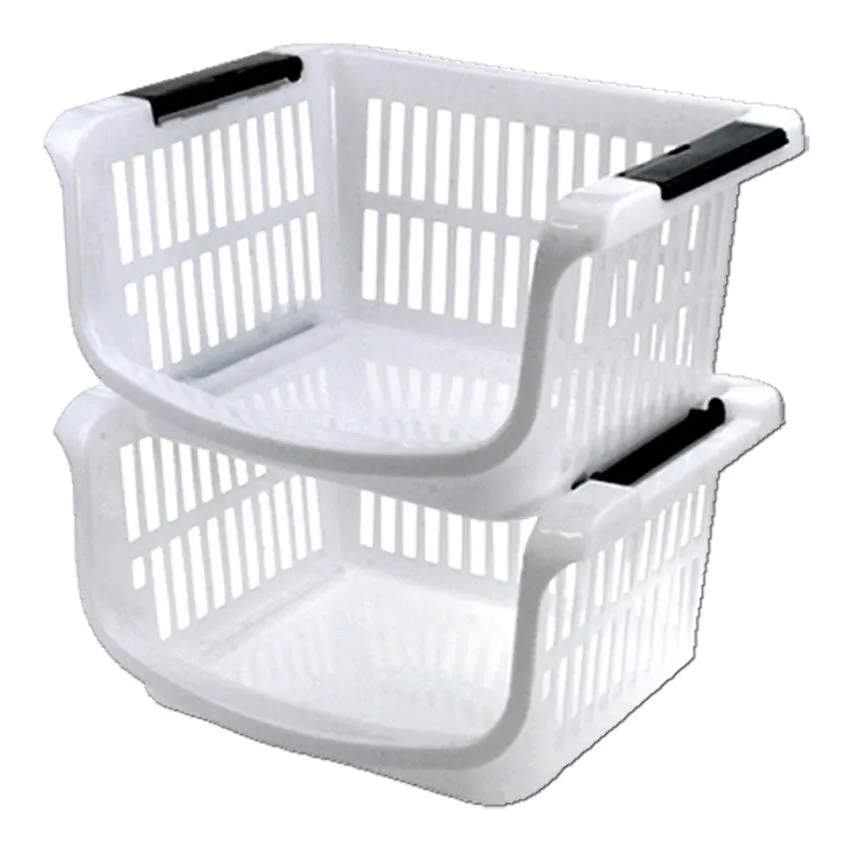 Stackable Basket, White With Grey Handles