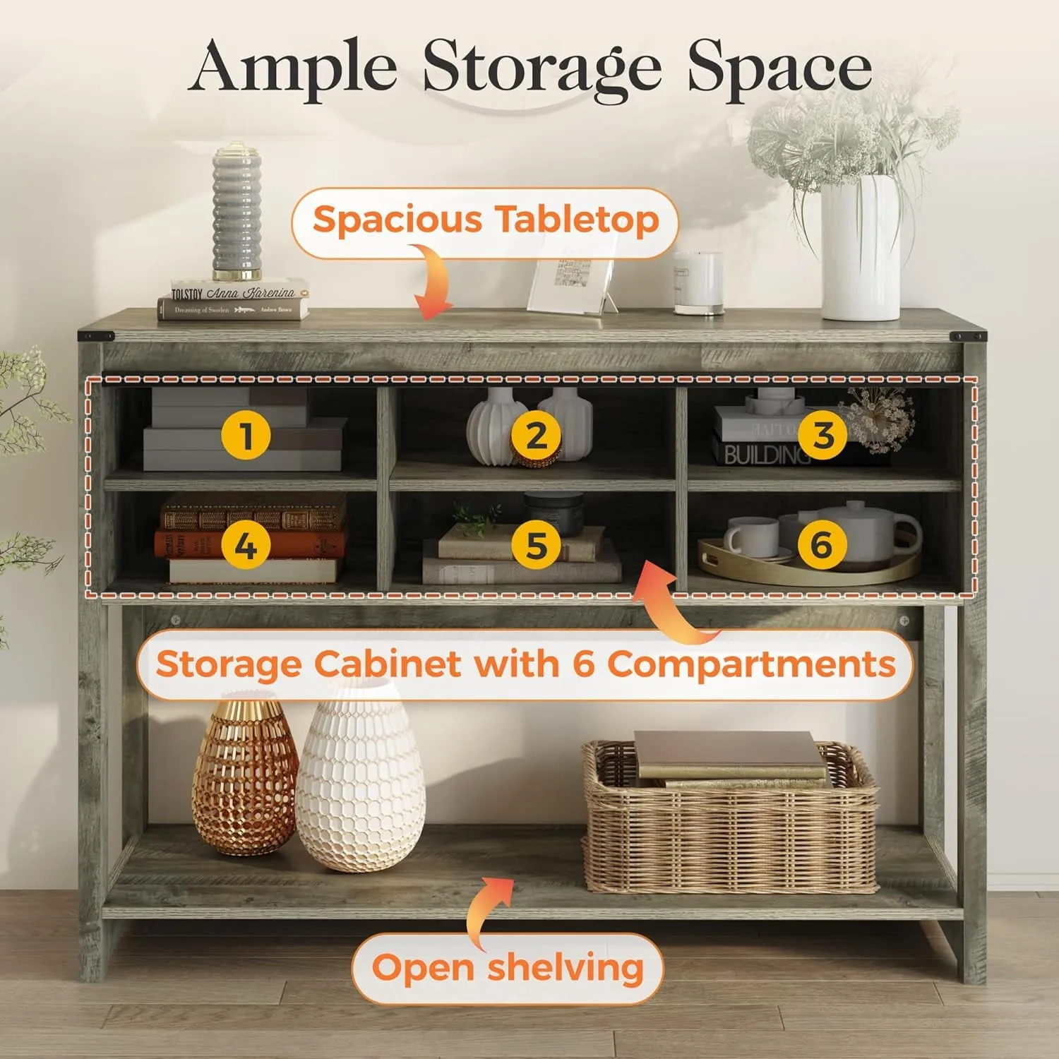 Superjoe Farmhouse Console Table w/Storage & Sliding Barn Door for Entryway, 46" Wood Foyer Table w/Adjustable Shelf, Coffee Bar Sideboard for Hallway, Living Room, Dark Gray