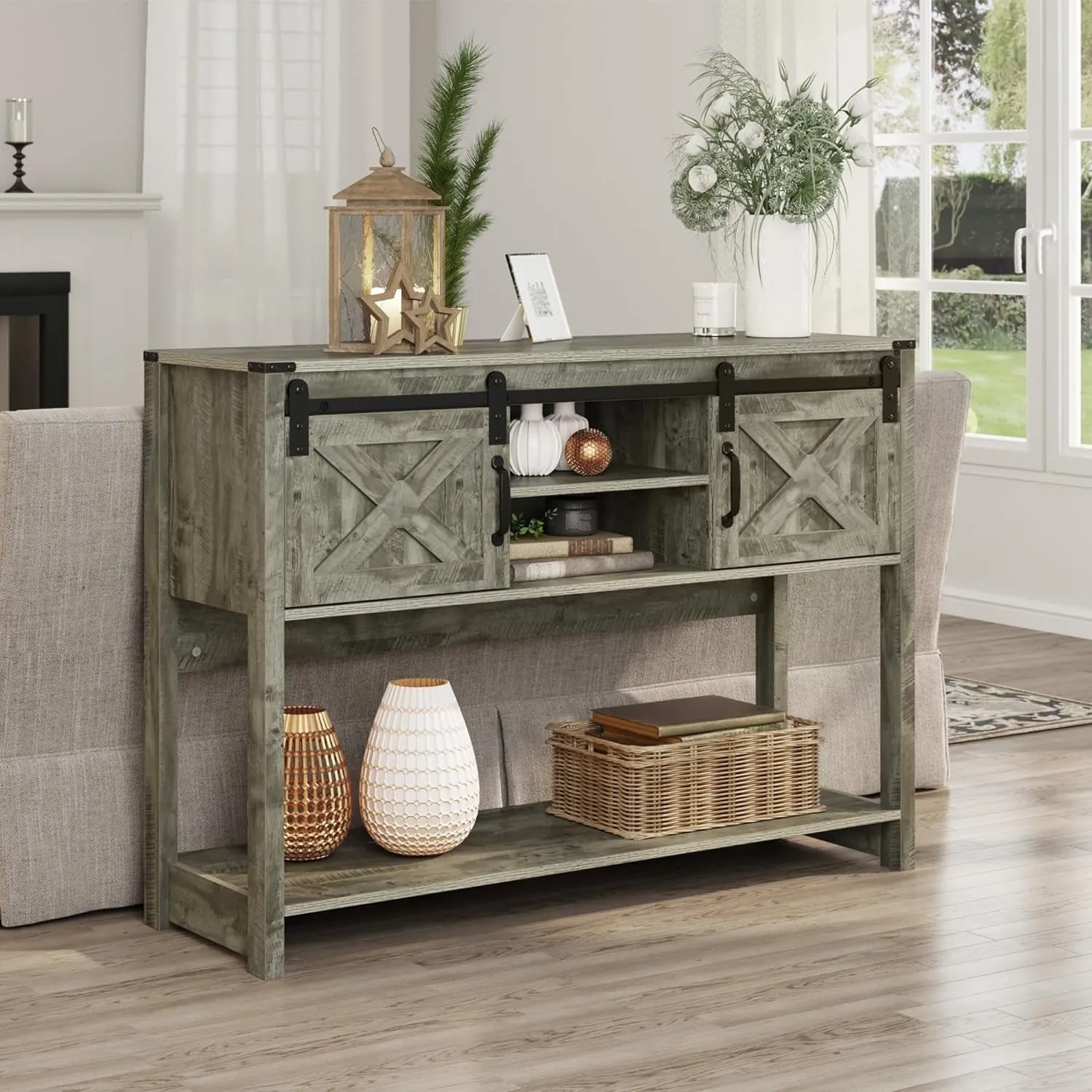 Superjoe Farmhouse Console Table w/Storage & Sliding Barn Door for Entryway, 46" Wood Foyer Table w/Adjustable Shelf, Coffee Bar Sideboard for Hallway, Living Room, Dark Gray