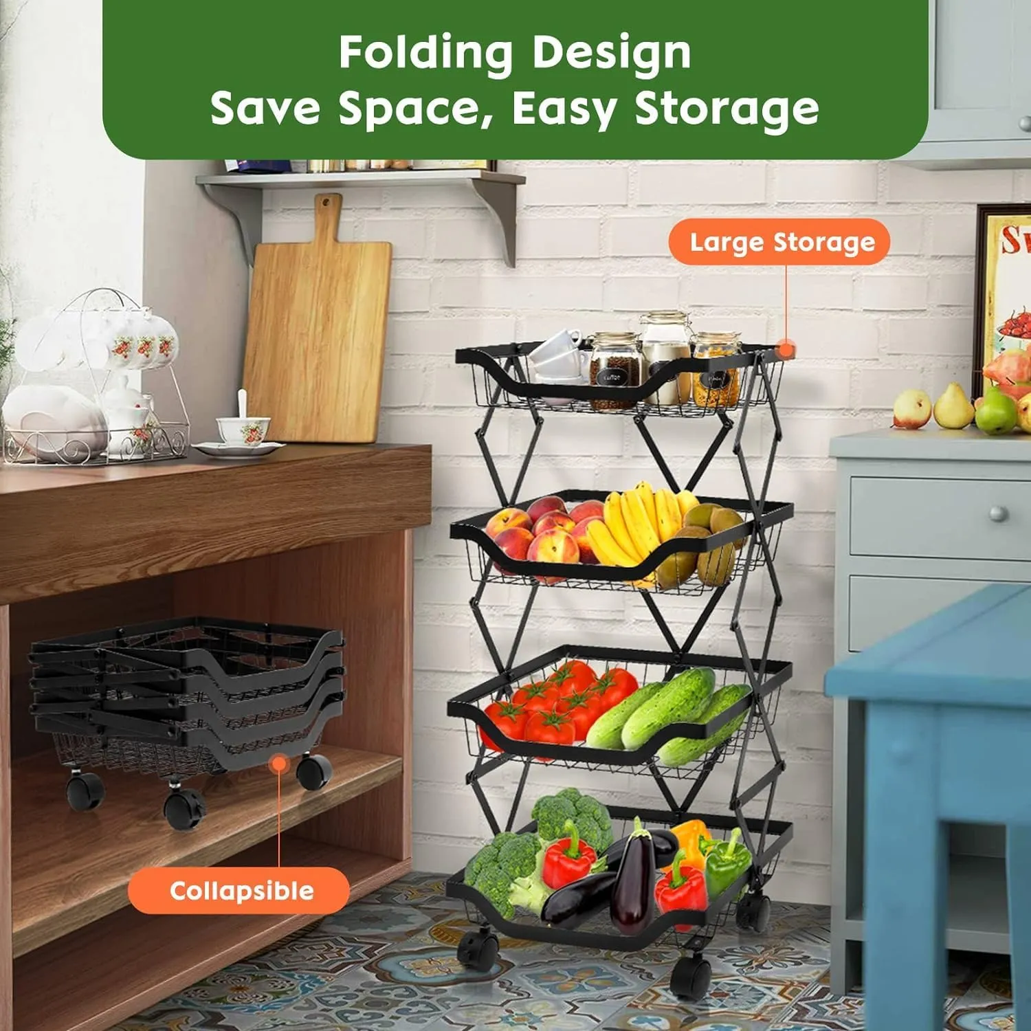The Better Home Collapsible storage baskets Black | Stackable Kitchen Basket For Storage | Carbon Steel Collapsible Foldable Basket For Fruits And Vegetables | Rust-Resistant | Unbreakable (4 layer)