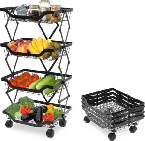 The Better Home Collapsible storage baskets Black | Stackable Kitchen Basket For Storage | Carbon Steel Collapsible Foldable Basket For Fruits And Vegetables | Rust-Resistant | Unbreakable (4 layer)