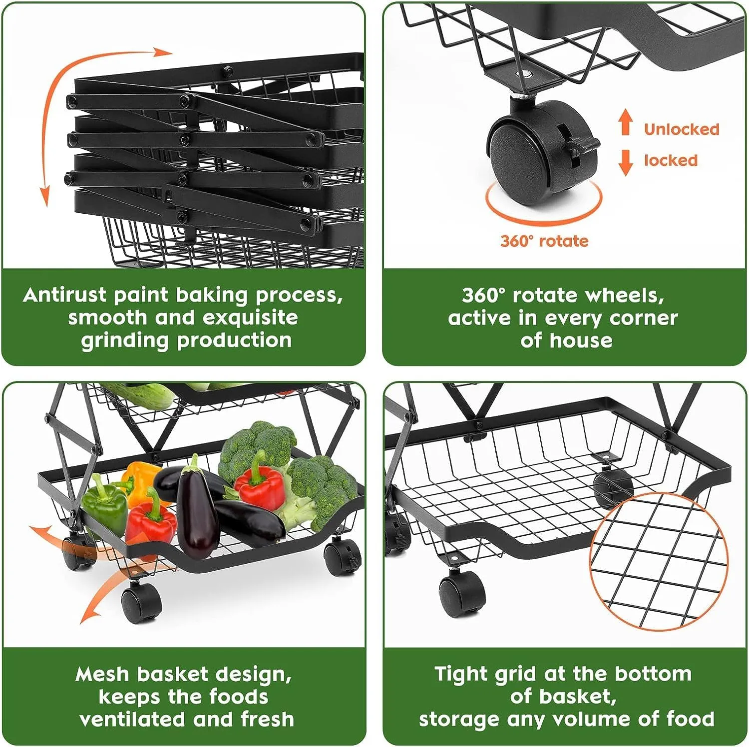 The Better Home Collapsible storage baskets Black | Stackable Kitchen Basket For Storage | Carbon Steel Collapsible Foldable Basket For Fruits And Vegetables | Rust-Resistant | Unbreakable (4 layer)