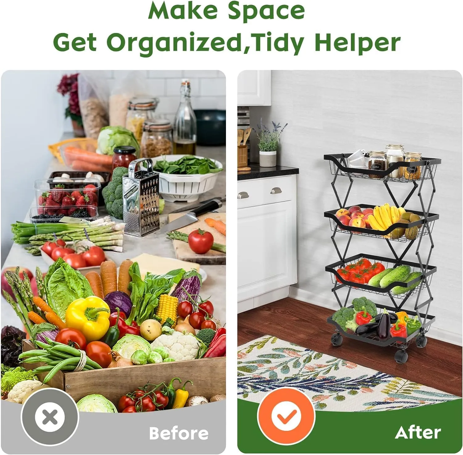 The Better Home Collapsible storage baskets Black | Stackable Kitchen Basket For Storage | Carbon Steel Collapsible Foldable Basket For Fruits And Vegetables | Rust-Resistant | Unbreakable (4 layer)