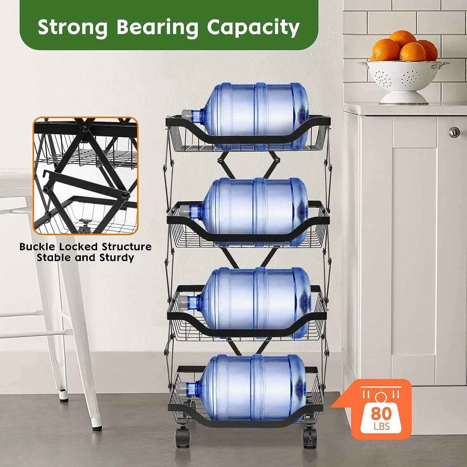 The Better Home Collapsible storage baskets Black | Stackable Kitchen Basket For Storage | Carbon Steel Collapsible Foldable Basket For Fruits And Vegetables | Rust-Resistant | Unbreakable (4 layer)