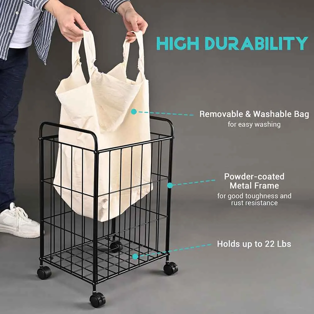 TheLAShop Rolling Laundry Basket Metal Canvas Clothes Hamper
