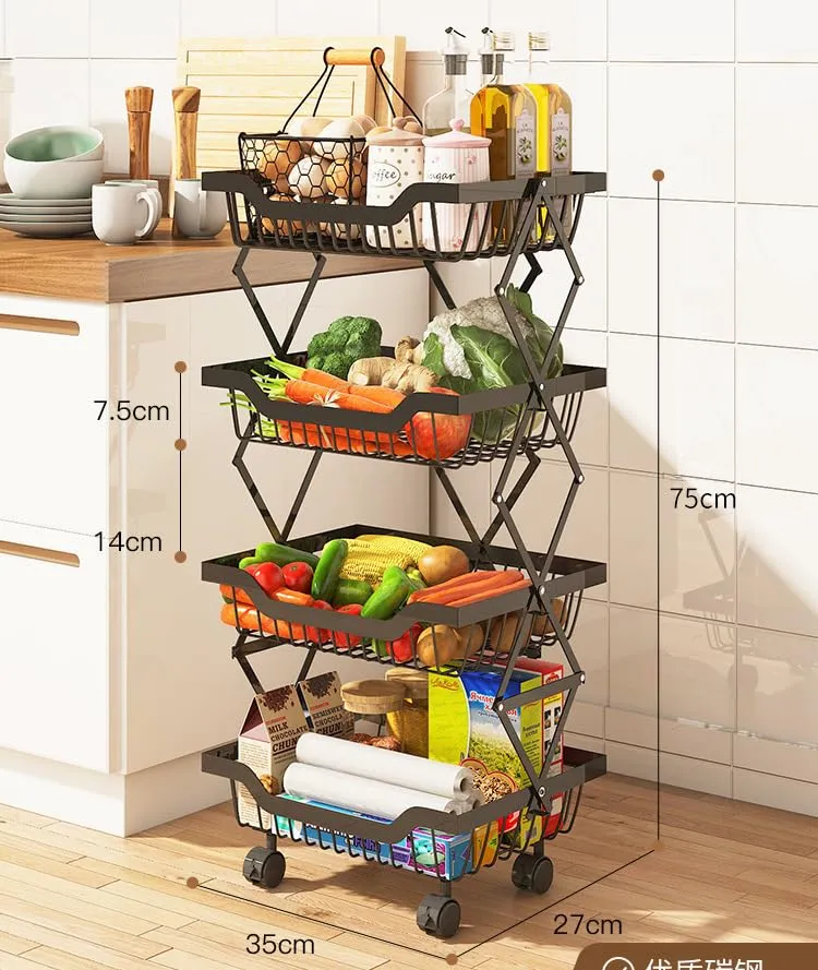 UMAI Collapsible Storage Organizer Baskets Four Layer | Kitchen Racks for Storage of Fruits & Vegetables | Foldable Storage | Kitchen Organizer Items and Storage | Black