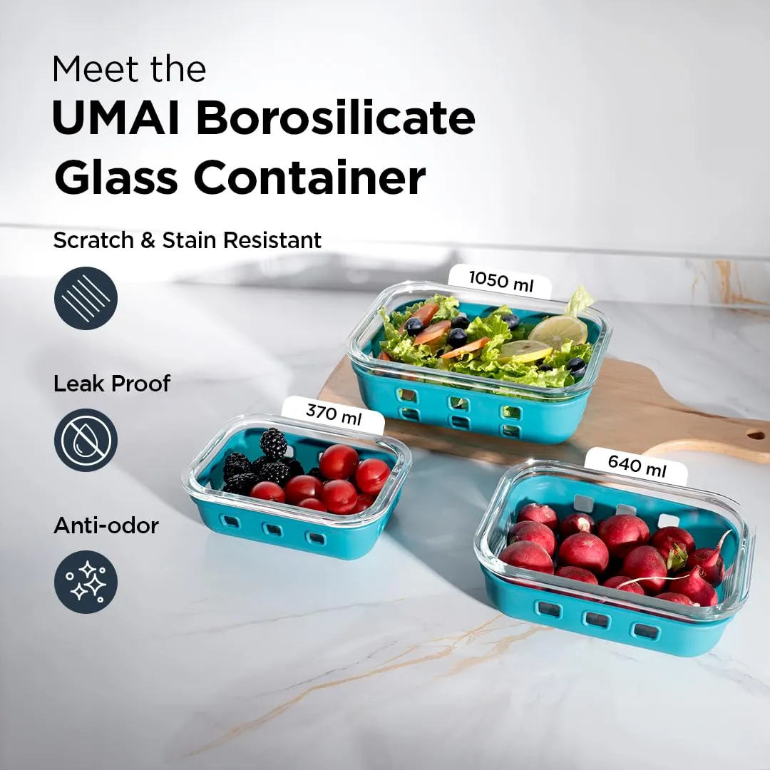 UMAI Glass Food Containers Set of 3 Blue | Silicone Sleeves & Lock Lids | Kitchen containers set | Microwave-Safe Fridge Storage Boxes | Glass Lunch Box | 1050ml 640ml 370ml