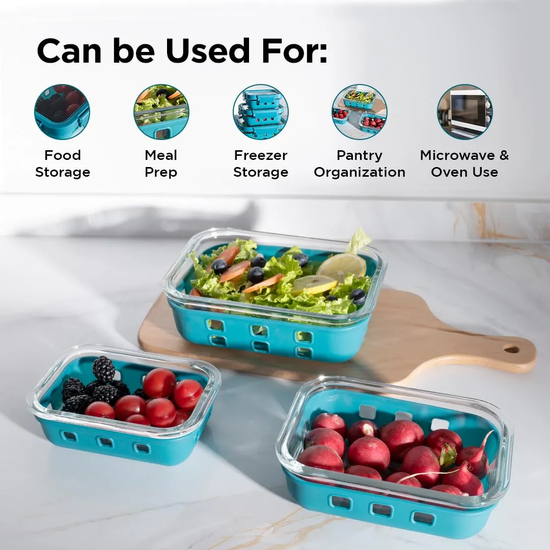 UMAI Glass Food Containers Set of 3 Blue | Silicone Sleeves & Lock Lids | Kitchen containers set | Microwave-Safe Fridge Storage Boxes | Glass Lunch Box | 1050ml 640ml 370ml