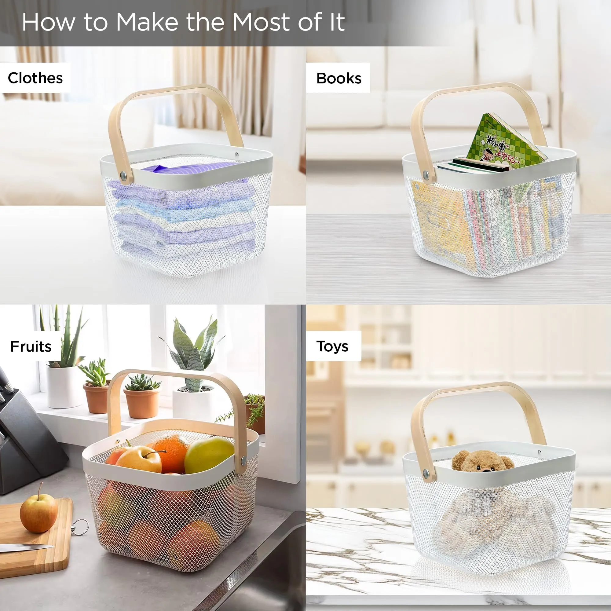 UMAI Metal Mesh Basket For Storage With Wooden Handle - White | Fruit Basket | Storage Baskets | Storage Organizer | Home Decor Items
