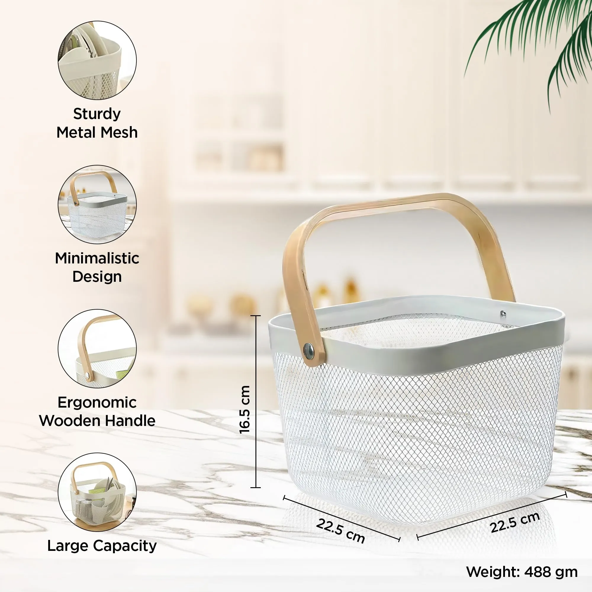UMAI Metal Mesh Basket For Storage With Wooden Handle - White | Fruit Basket | Storage Baskets | Storage Organizer | Home Decor Items