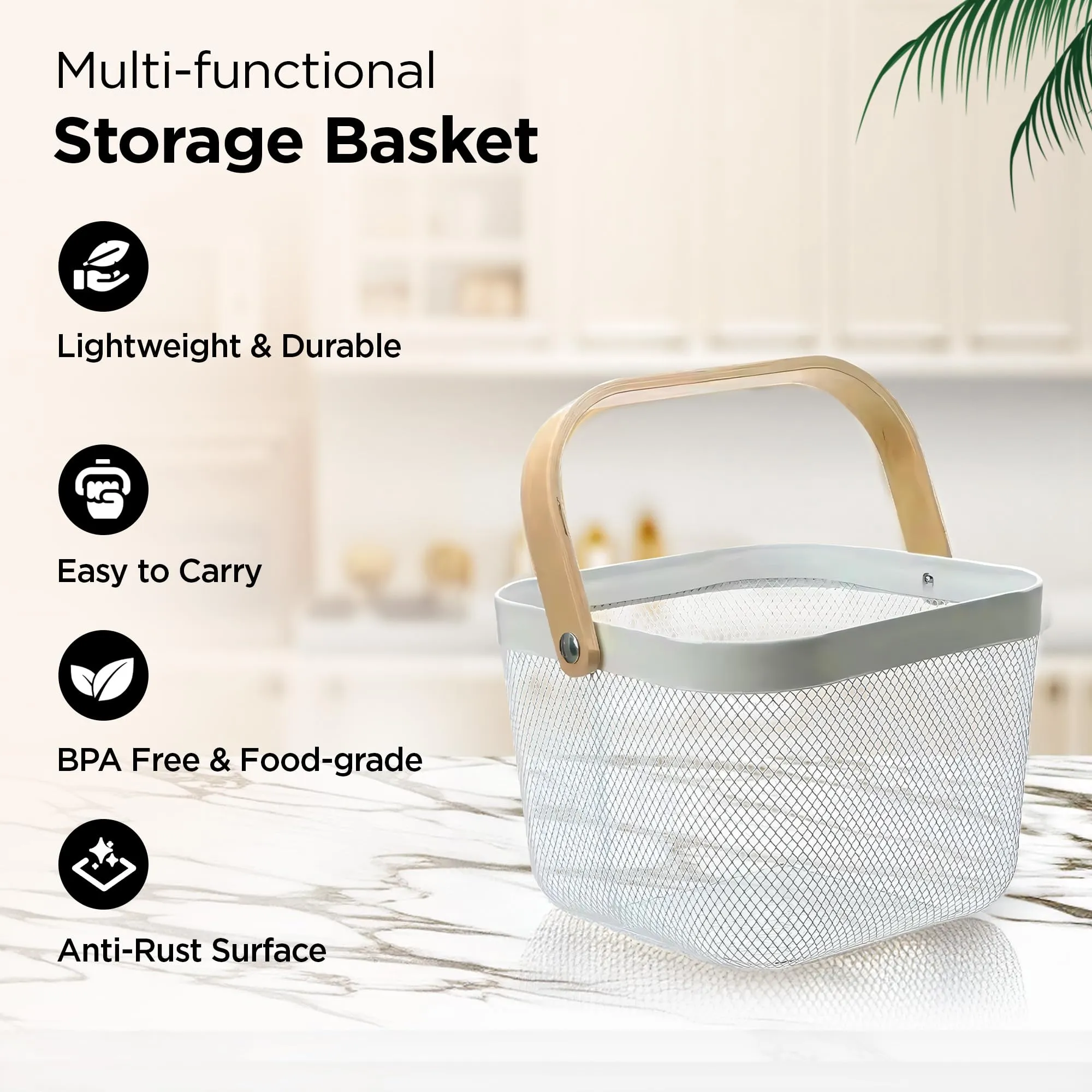 UMAI Metal Mesh Basket For Storage With Wooden Handle - White | Fruit Basket | Storage Baskets | Storage Organizer | Home Decor Items