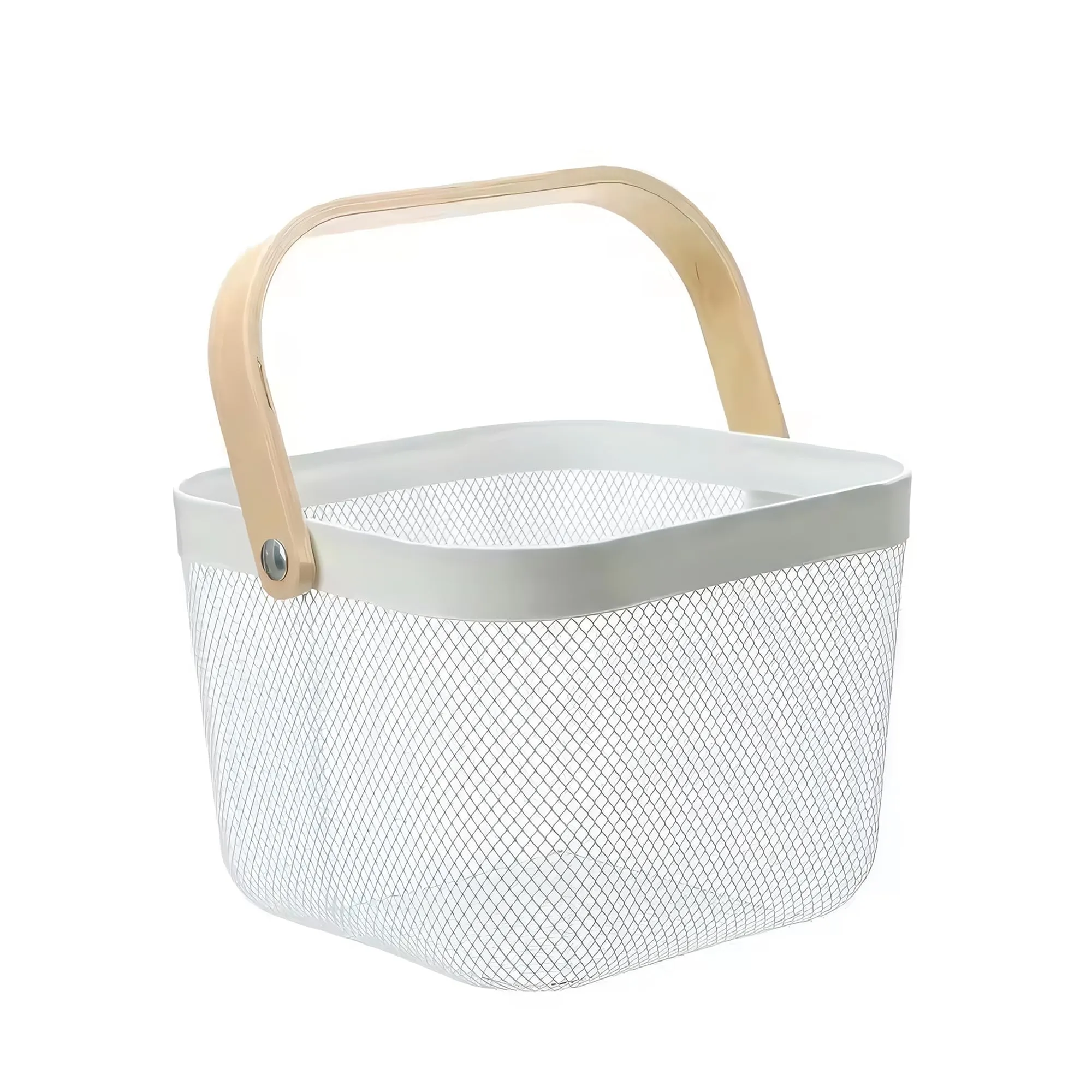 UMAI Metal Mesh Basket For Storage With Wooden Handle - White | Fruit Basket | Storage Baskets | Storage Organizer | Home Decor Items