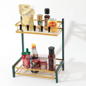 UMAI Trapezoidal Two-Layer Seasoning Rack | Wall Mounted Kitchen Storage Shelf Organizer for Spices and Other Kitchen Essentials | Space Saving Durable Seasoning Rack (Green Gold)