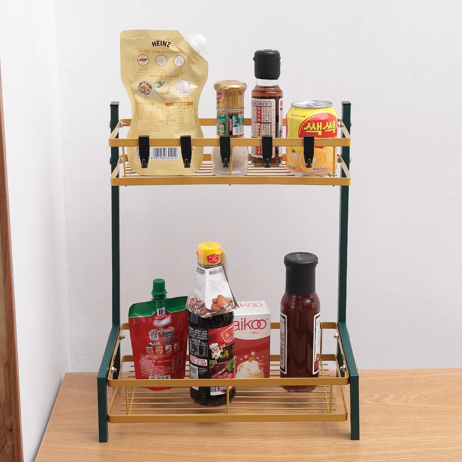 UMAI Trapezoidal Two-Layer Seasoning Rack | Wall Mounted Kitchen Storage Shelf Organizer for Spices and Other Kitchen Essentials | Space Saving Durable Seasoning Rack (Green Gold)